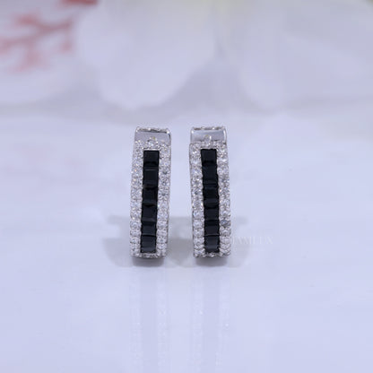 Onyx & Diamond Rectangular Hoop Earrings in 925 silver and moissanite diamonds Diamlux Fine Jewelry