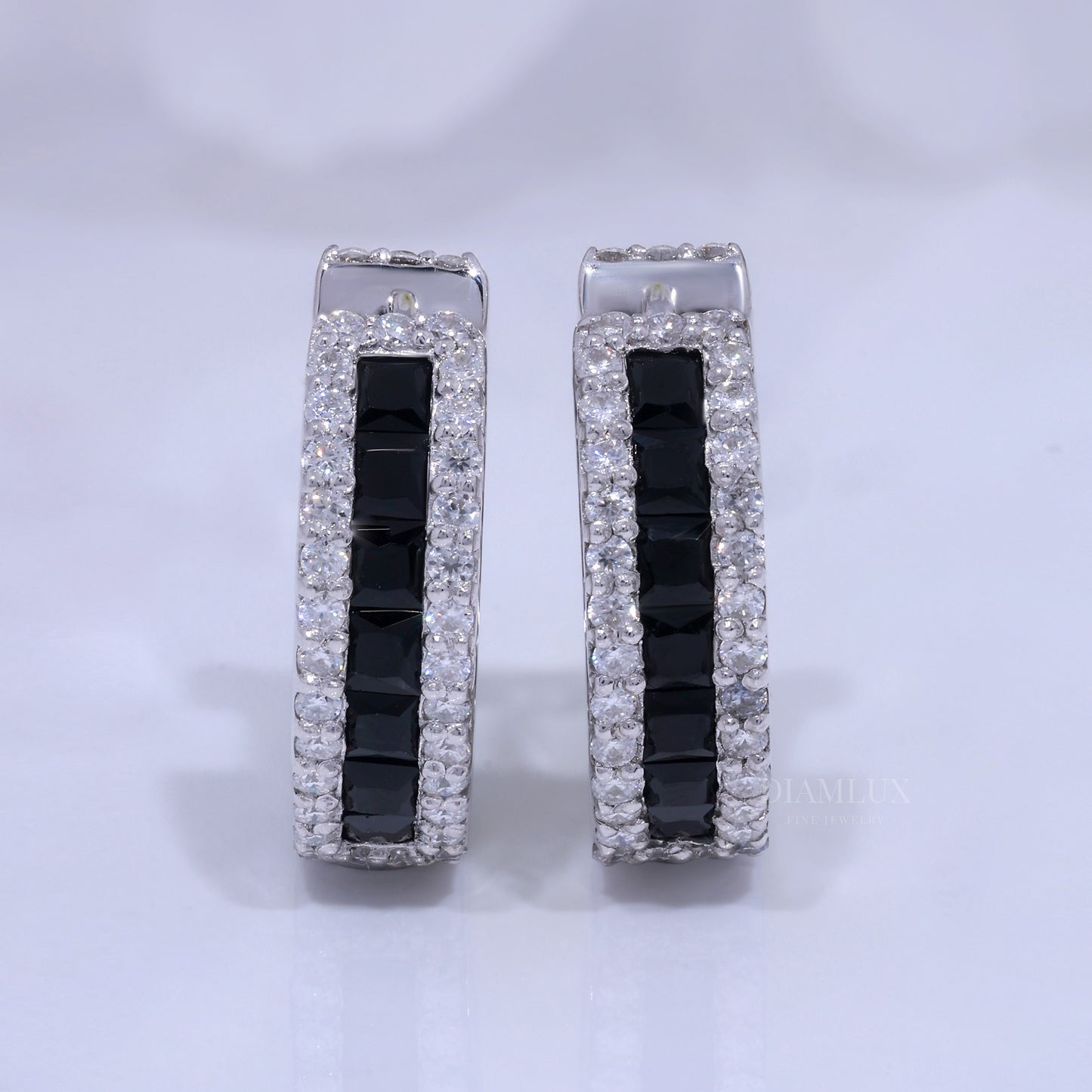 Onyx & Diamond Rectangular Hoop Earrings in 925 silver and moissanite diamonds Diamlux Fine Jewelry
