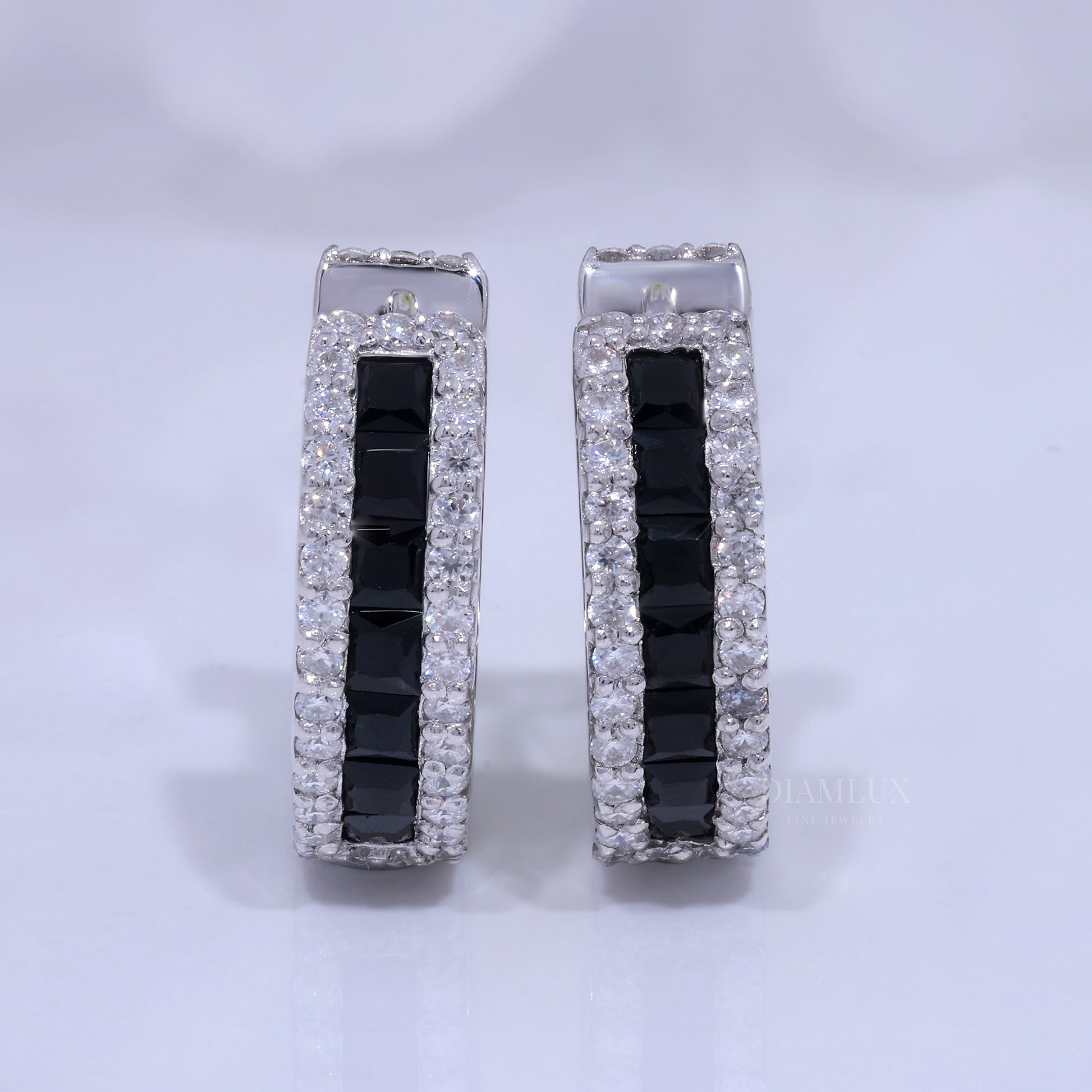 Onyx & Diamond Rectangular Hoop Earrings in 925 silver and moissanite diamonds Diamlux Fine Jewelry