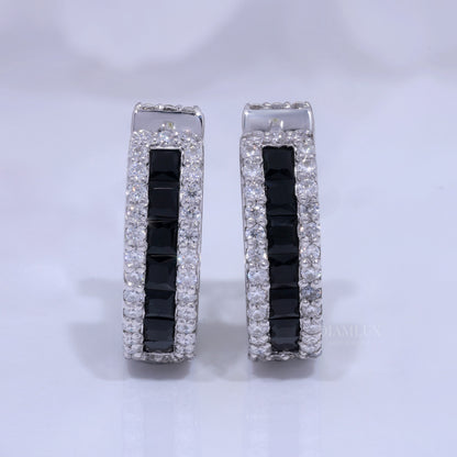 Onyx & Diamond Rectangular Hoop Earrings in 925 silver and moissanite diamonds Diamlux Fine Jewelry