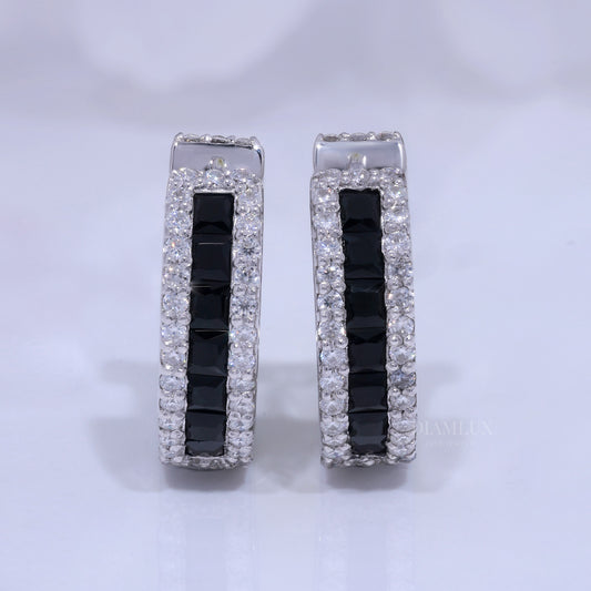 Onyx & Diamond Rectangular Hoop Earrings in 925 silver and moissanite diamonds Diamlux Fine Jewelry