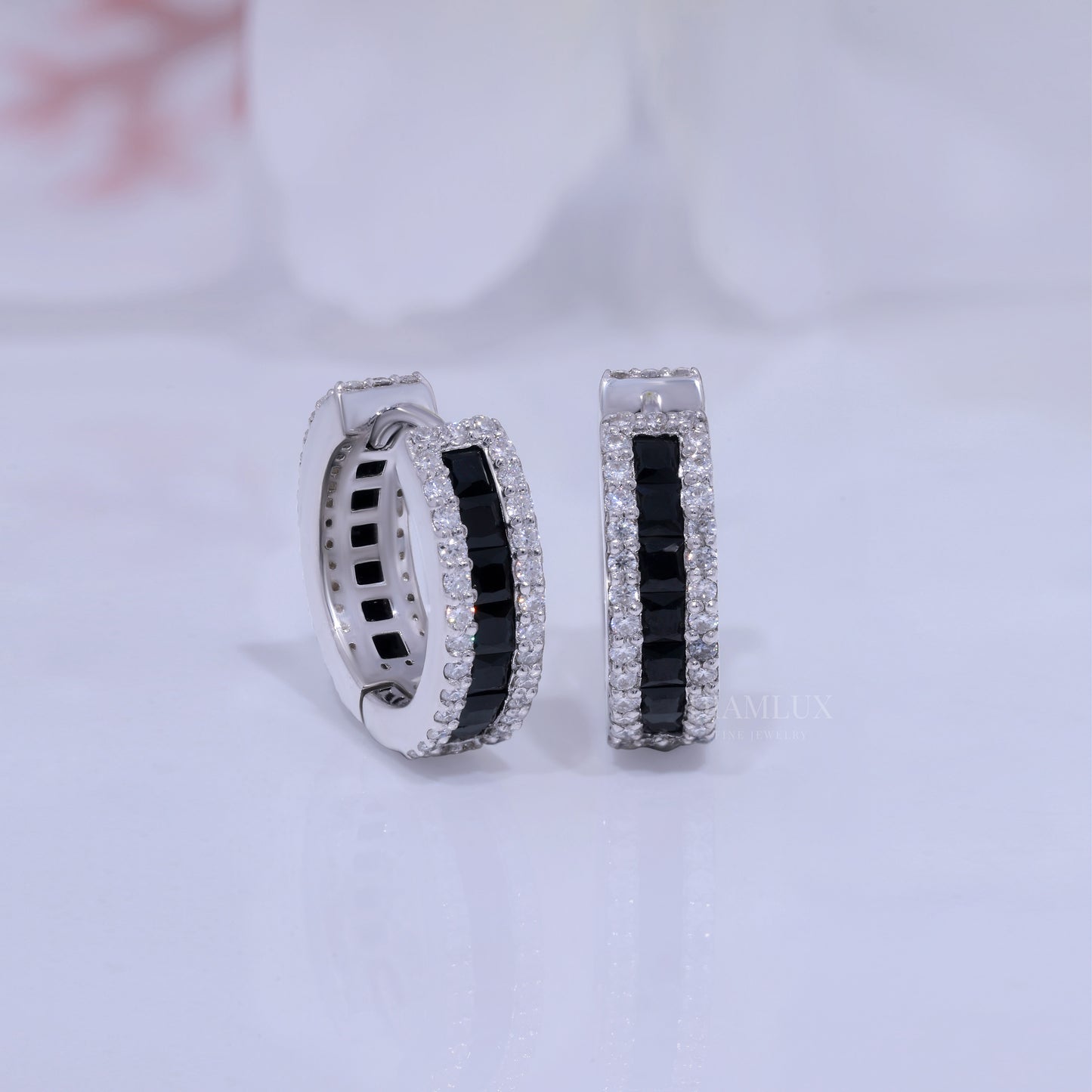 Onyx & Diamond Rectangular Hoop Earrings in 925 silver and moissanite diamonds Diamlux Fine Jewelry