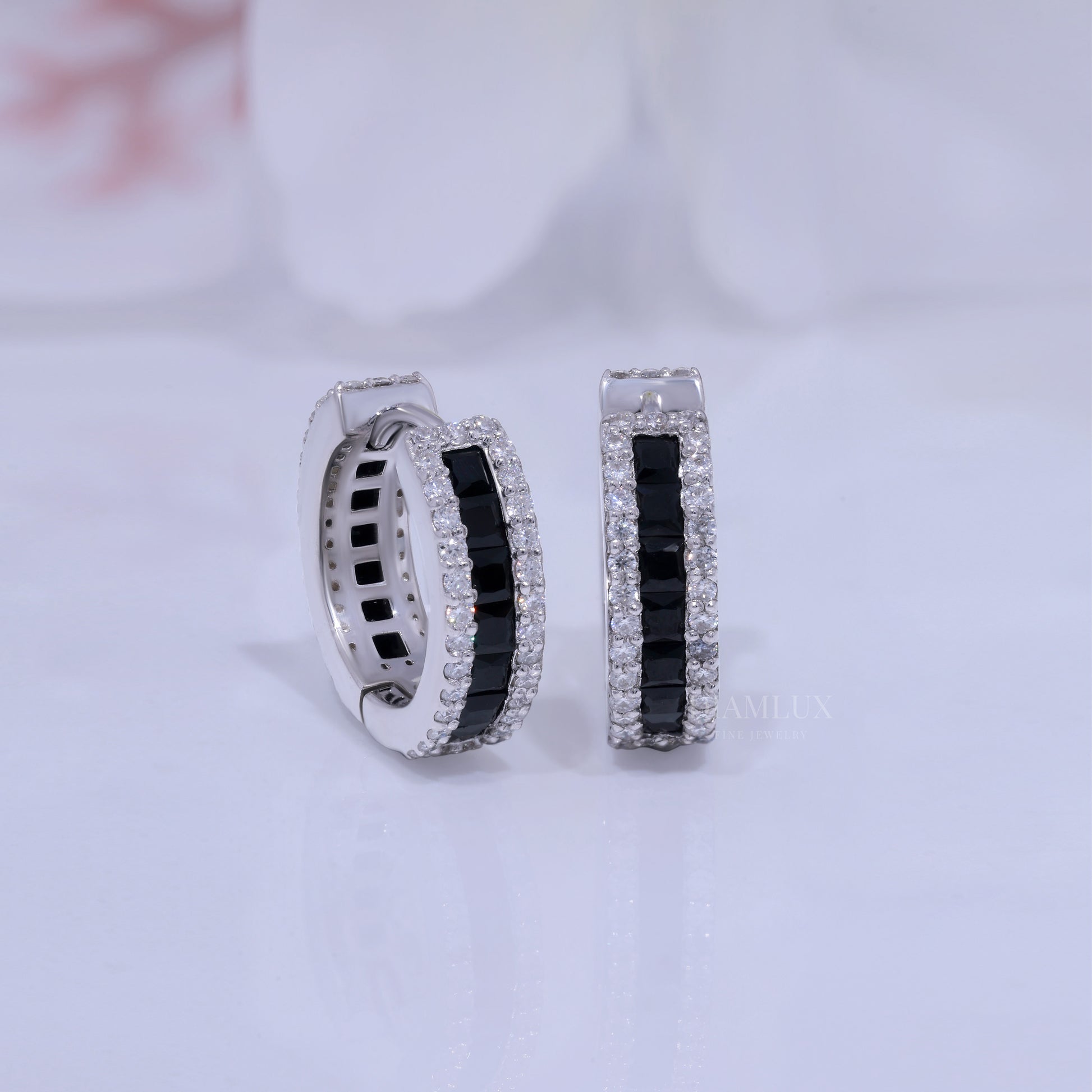 Onyx & Diamond Rectangular Hoop Earrings in 925 silver and moissanite diamonds Diamlux Fine Jewelry