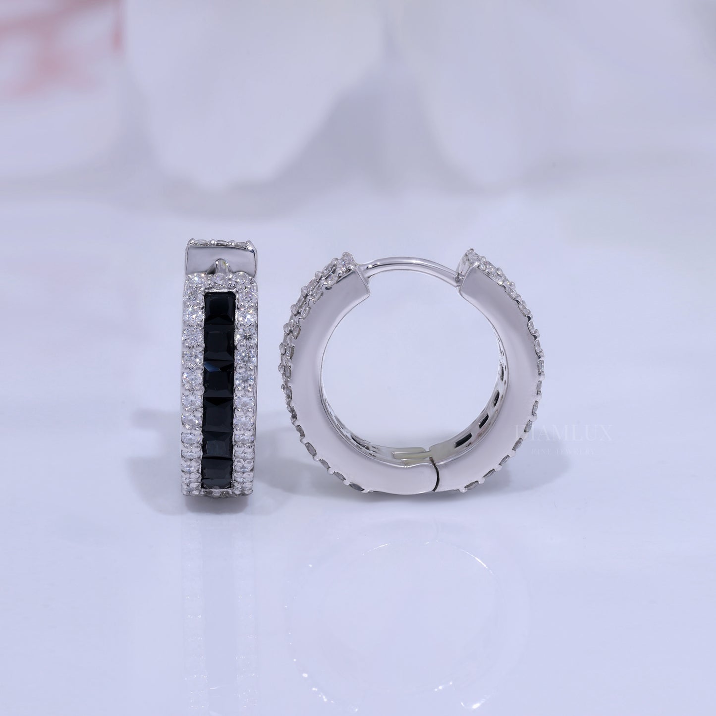 Onyx & Diamond Rectangular Hoop Earrings in 925 silver and moissanite diamonds Diamlux Fine Jewelry