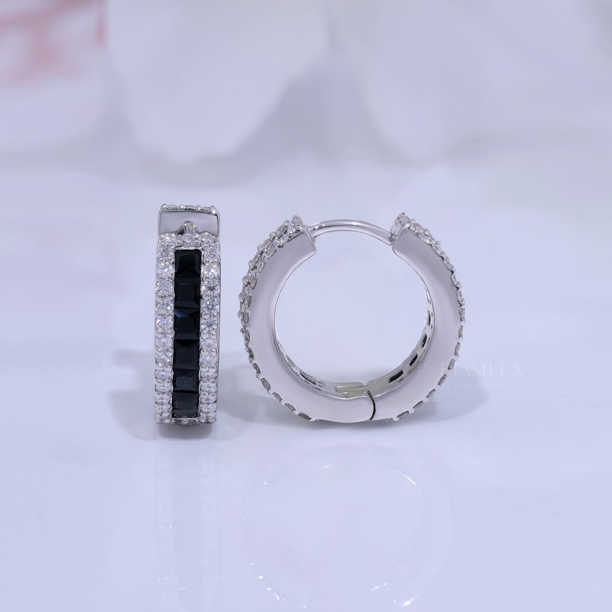 Onyx & Diamond Rectangular Hoop Earrings in 925 silver and moissanite diamonds Diamlux Fine Jewelry