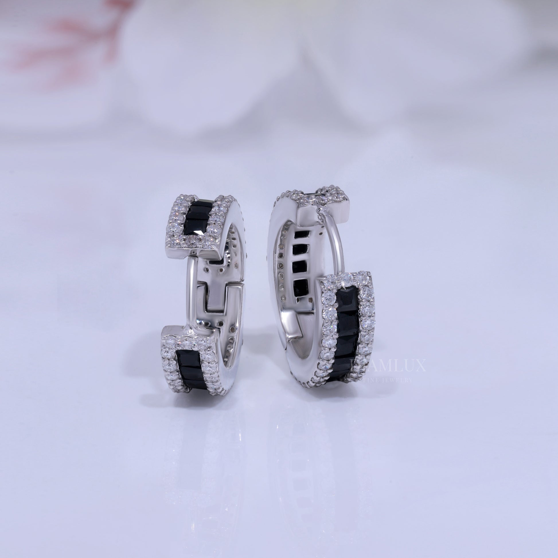 Onyx & Diamond Rectangular Hoop Earrings in 925 silver and moissanite diamonds Diamlux Fine Jewelry