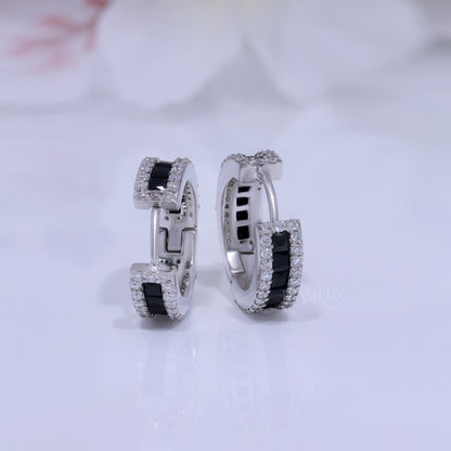 Onyx & Diamond Rectangular Hoop Earrings in 925 silver and moissanite diamonds Diamlux Fine Jewelry