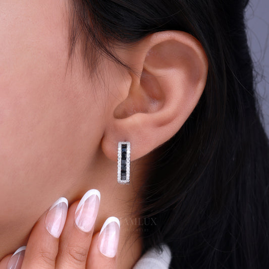 Onyx & Diamond Rectangular Hoop Earrings in 925 silver and moissanite diamonds Diamlux Fine Jewelry