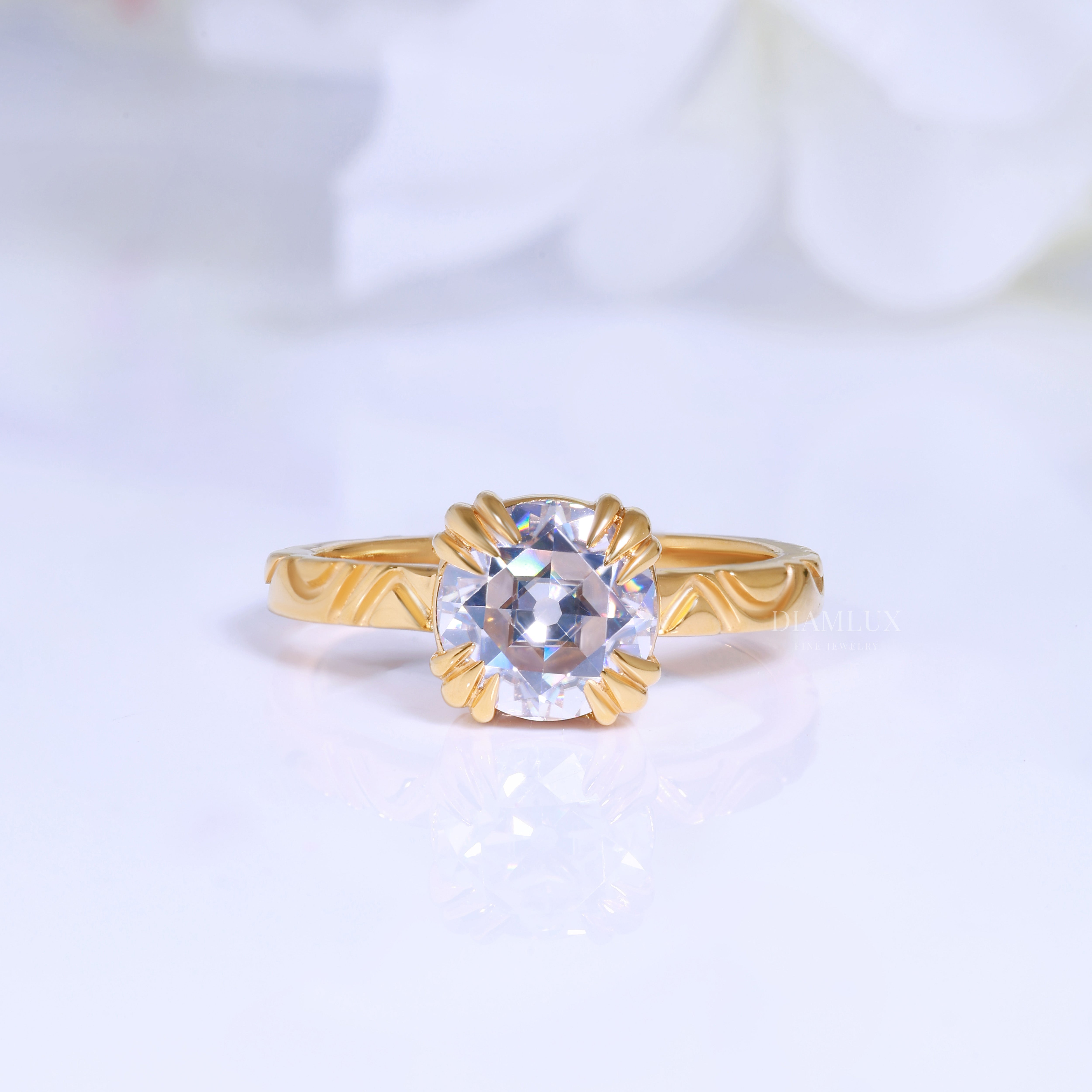 Round Brilliant Cut Lab Diamond Ornate Petal Solitaire Ring in 14kt Gold Diamlux Fine Jewelry