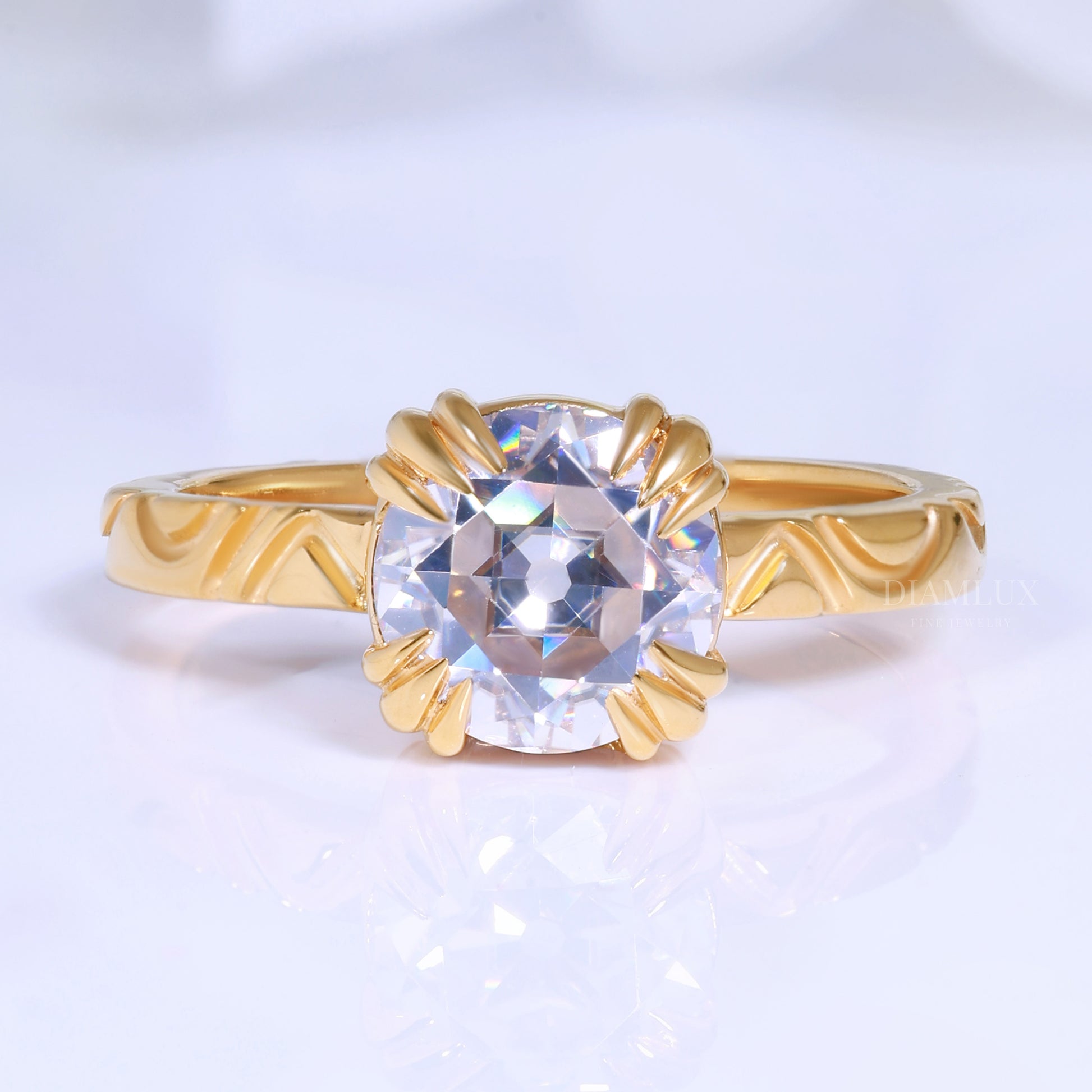 Round Brilliant Cut Lab Diamond Ornate Petal Solitaire Ring in 14kt Gold Diamlux Fine Jewelry