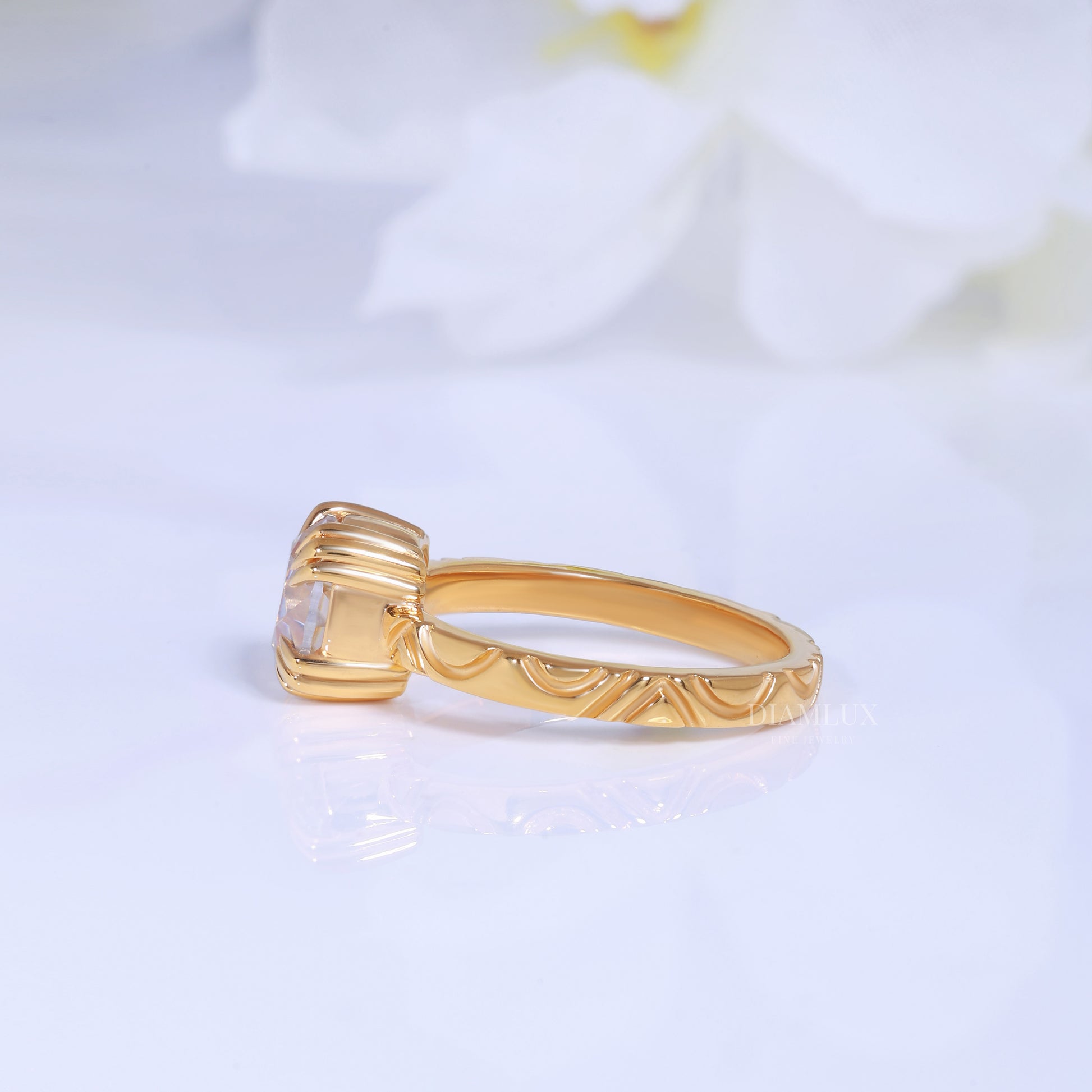Round Brilliant Cut Lab Diamond Ornate Petal Solitaire Ring in 14kt Gold Diamlux Fine Jewelry