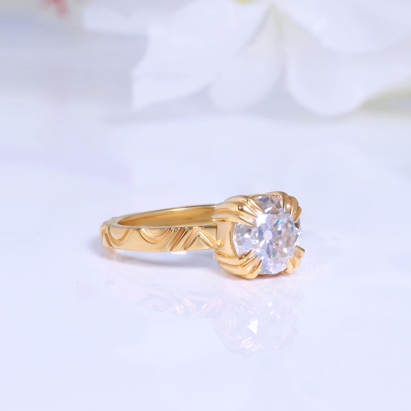 Round Brilliant Cut Lab Diamond Ornate Petal Solitaire Ring in 14kt Gold Diamlux Fine Jewelry