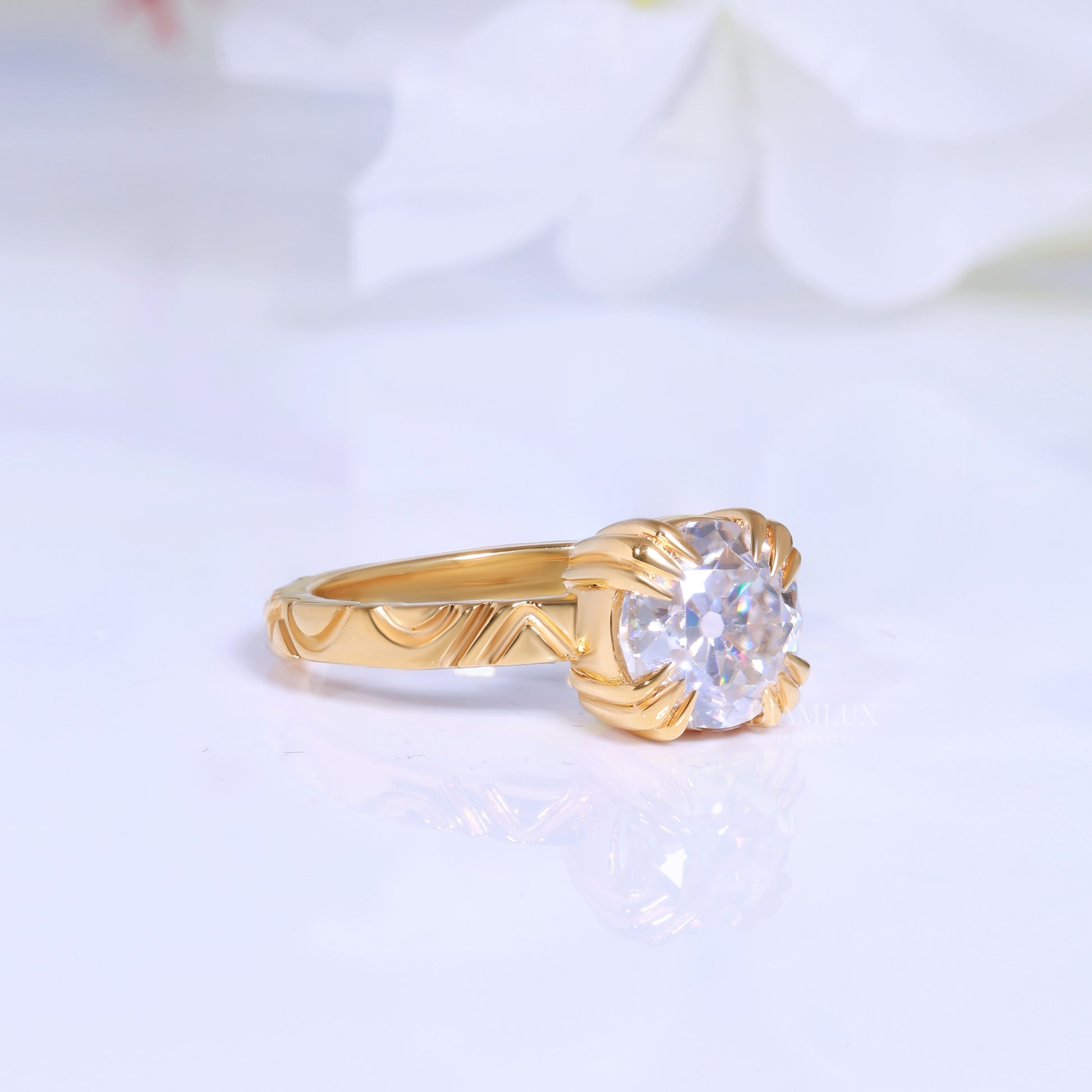 Round Brilliant Cut Lab Diamond Ornate Petal Solitaire Ring in 14kt Gold Diamlux Fine Jewelry