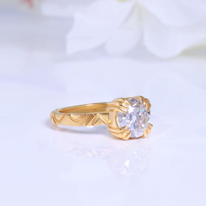 Round Brilliant Cut Lab Diamond Ornate Petal Solitaire Ring in 14kt Gold Diamlux Fine Jewelry