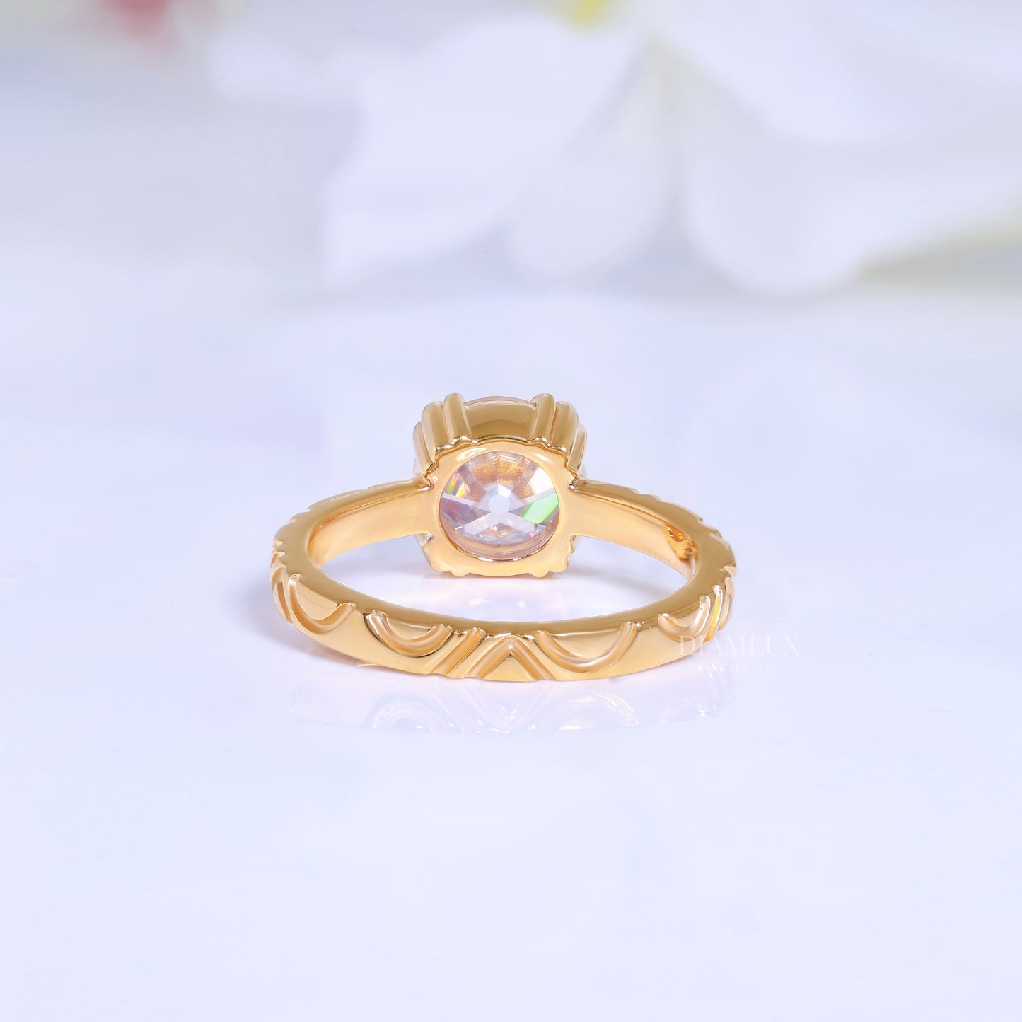 Round Brilliant Cut Lab Diamond Ornate Petal Solitaire Ring in 14kt Gold Diamlux Fine Jewelry