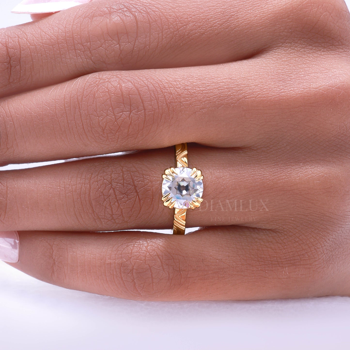 Round Brilliant Cut Lab Diamond Ornate Petal Solitaire Ring in 14kt Gold Diamlux Fine Jewelry