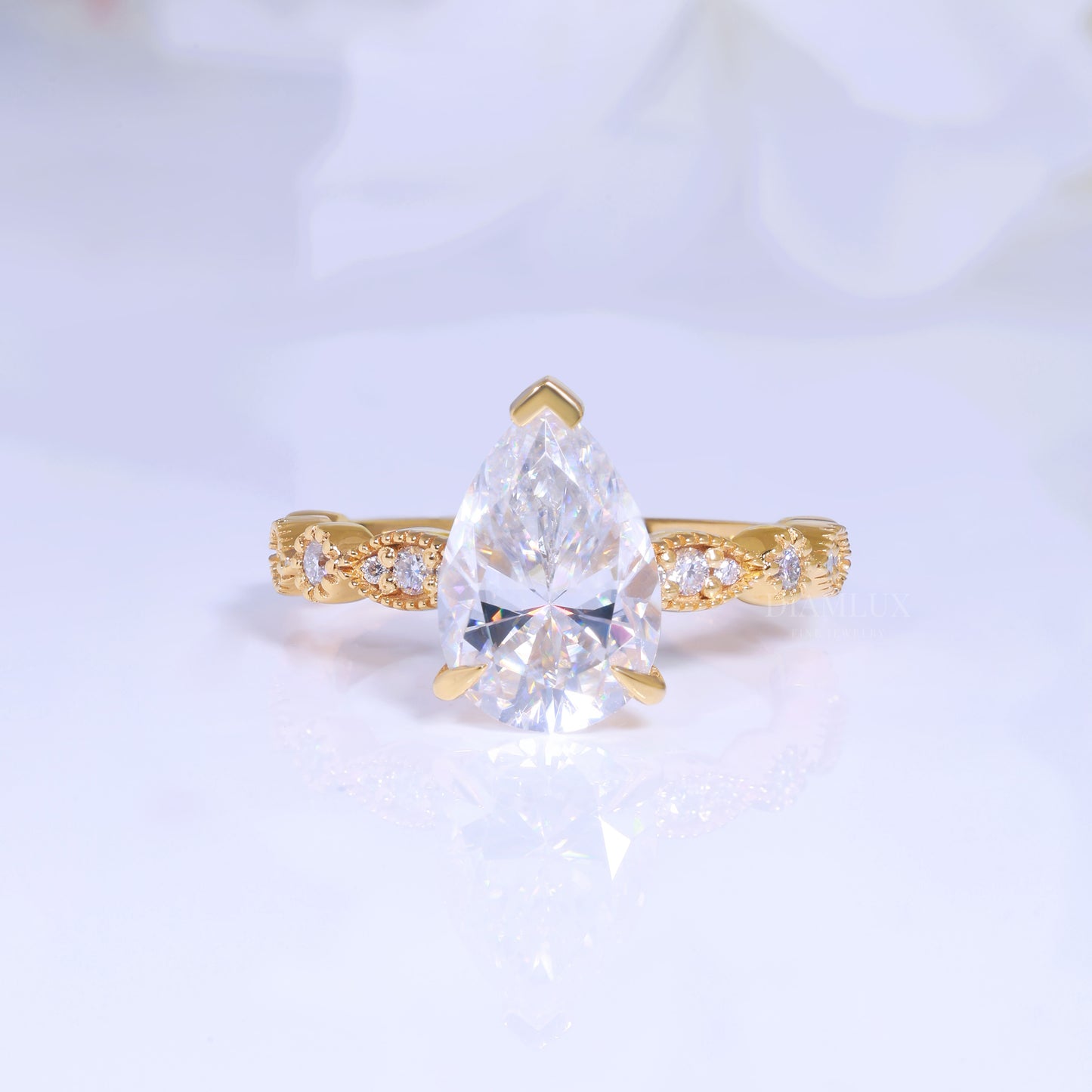 Pear Cut Lab Diamond Vintage Filigree Engagement Ring in 14kt Yellow Gold Diamlux Fine Jewelry