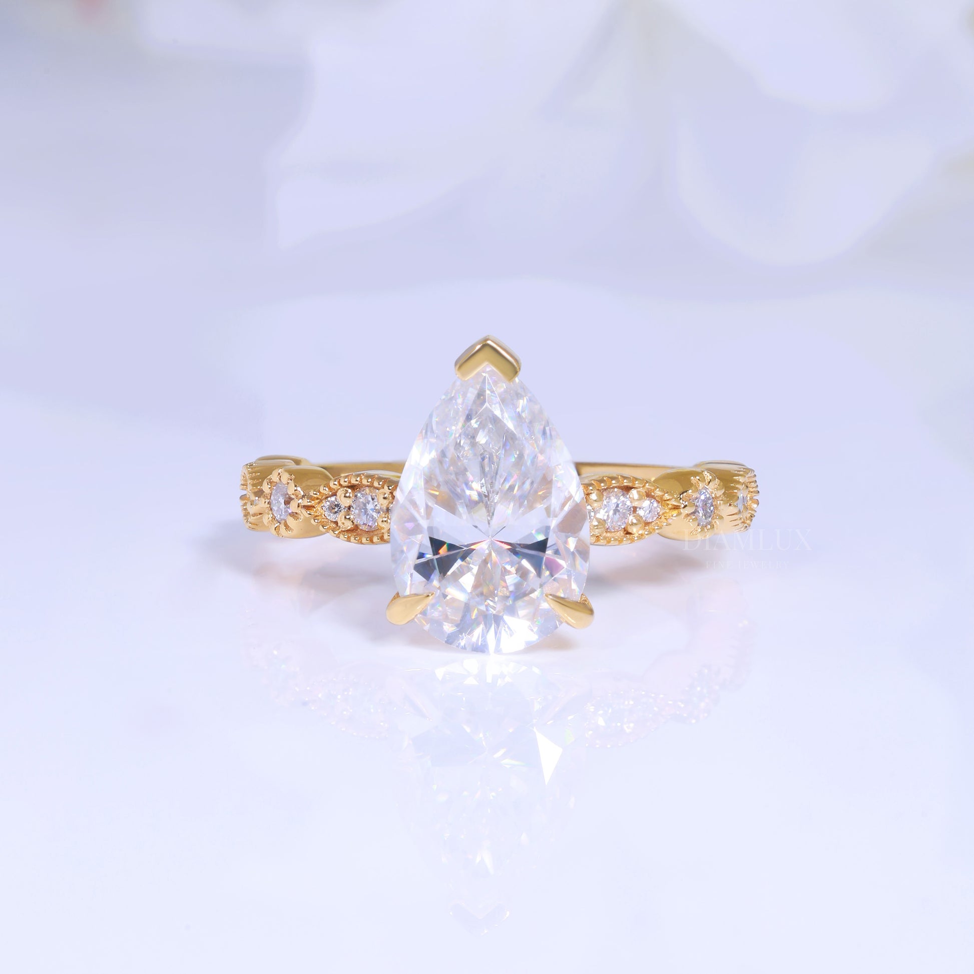 Pear Cut Lab Diamond Vintage Filigree Engagement Ring in 14kt Yellow Gold Diamlux Fine Jewelry