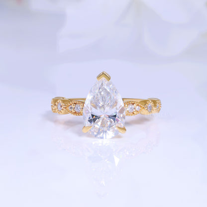 Pear Cut Lab Diamond Vintage Filigree Engagement Ring in 14kt Yellow Gold Diamlux Fine Jewelry