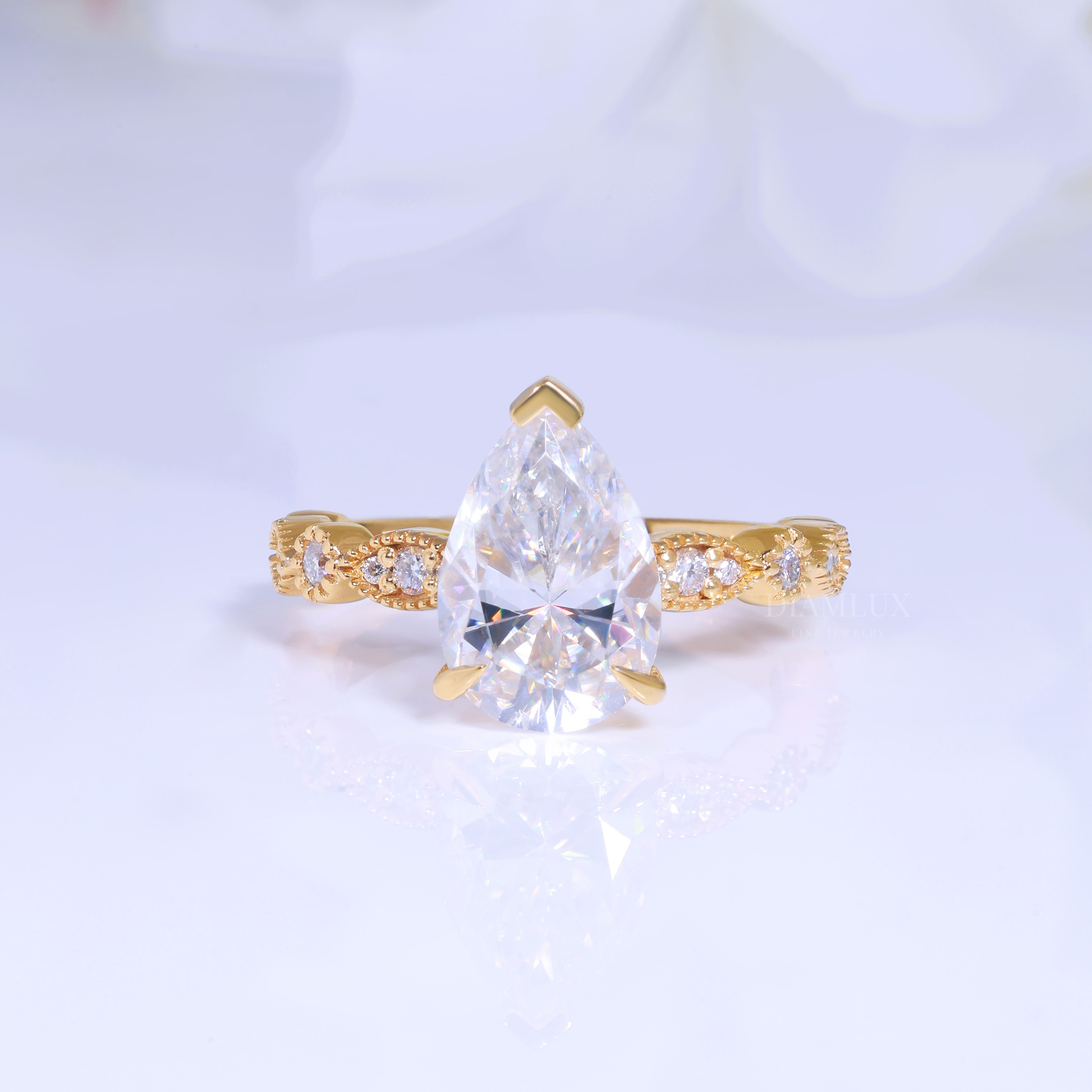 Pear Cut Lab Diamond Vintage Filigree Engagement Ring in 14kt Yellow Gold Diamlux Fine Jewelry