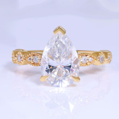 Pear Cut Lab Diamond Vintage Filigree Engagement Ring in 14kt Yellow Gold Diamlux Fine Jewelry