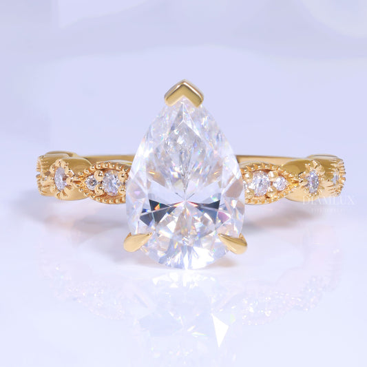 Pear Cut Lab Diamond Vintage Filigree Engagement Ring in 14kt Yellow Gold Diamlux Fine Jewelry