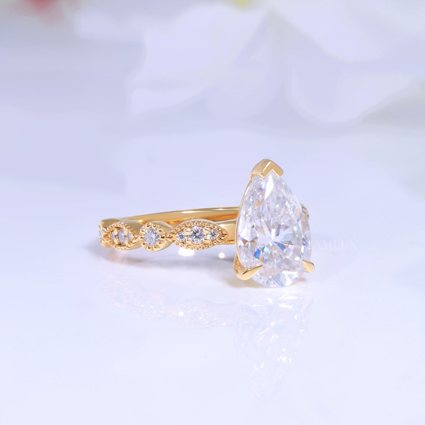 Pear Cut Lab Diamond Vintage Filigree Engagement Ring in 14kt Yellow Gold Diamlux Fine Jewelry