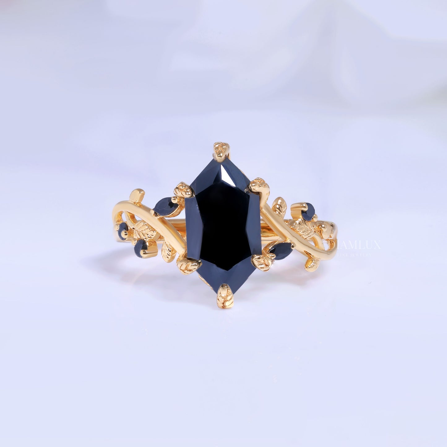 Midnight Blossom Marquise Black Gemstone Gold Ring Diamlux Fine Jewelry