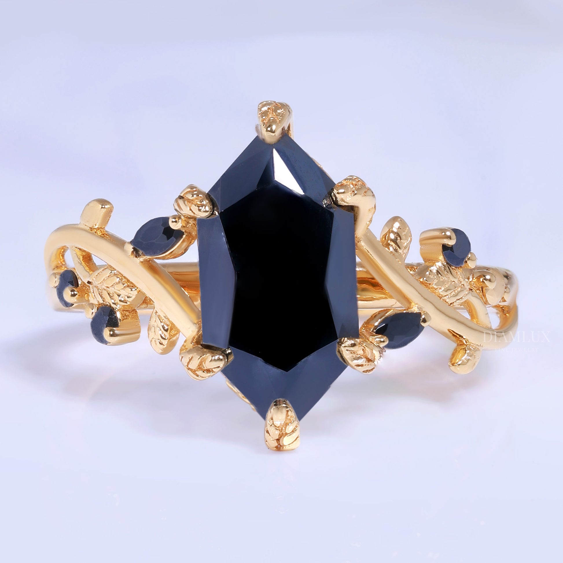 Midnight Blossom Marquise Black Gemstone Gold Ring Diamlux Fine Jewelry