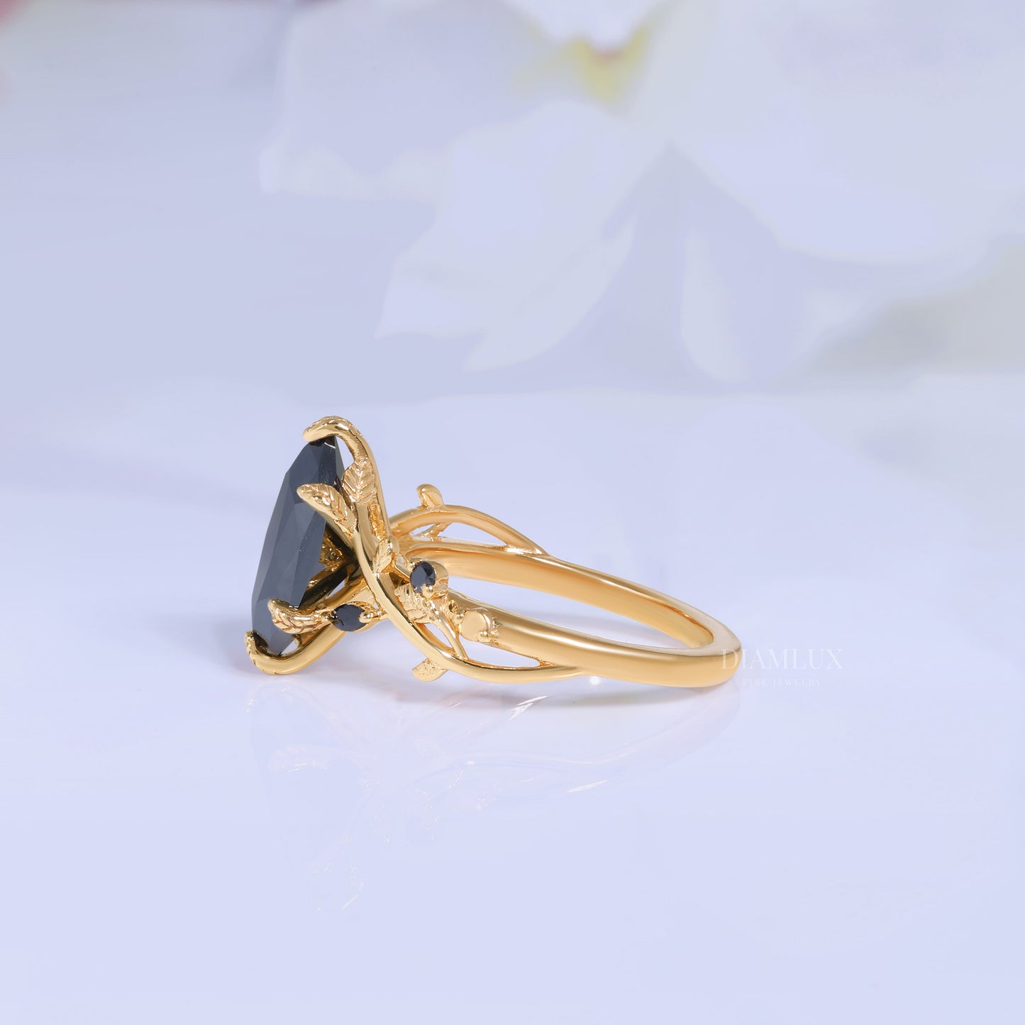 Midnight Blossom Marquise Black Gemstone Gold Ring Diamlux Fine Jewelry