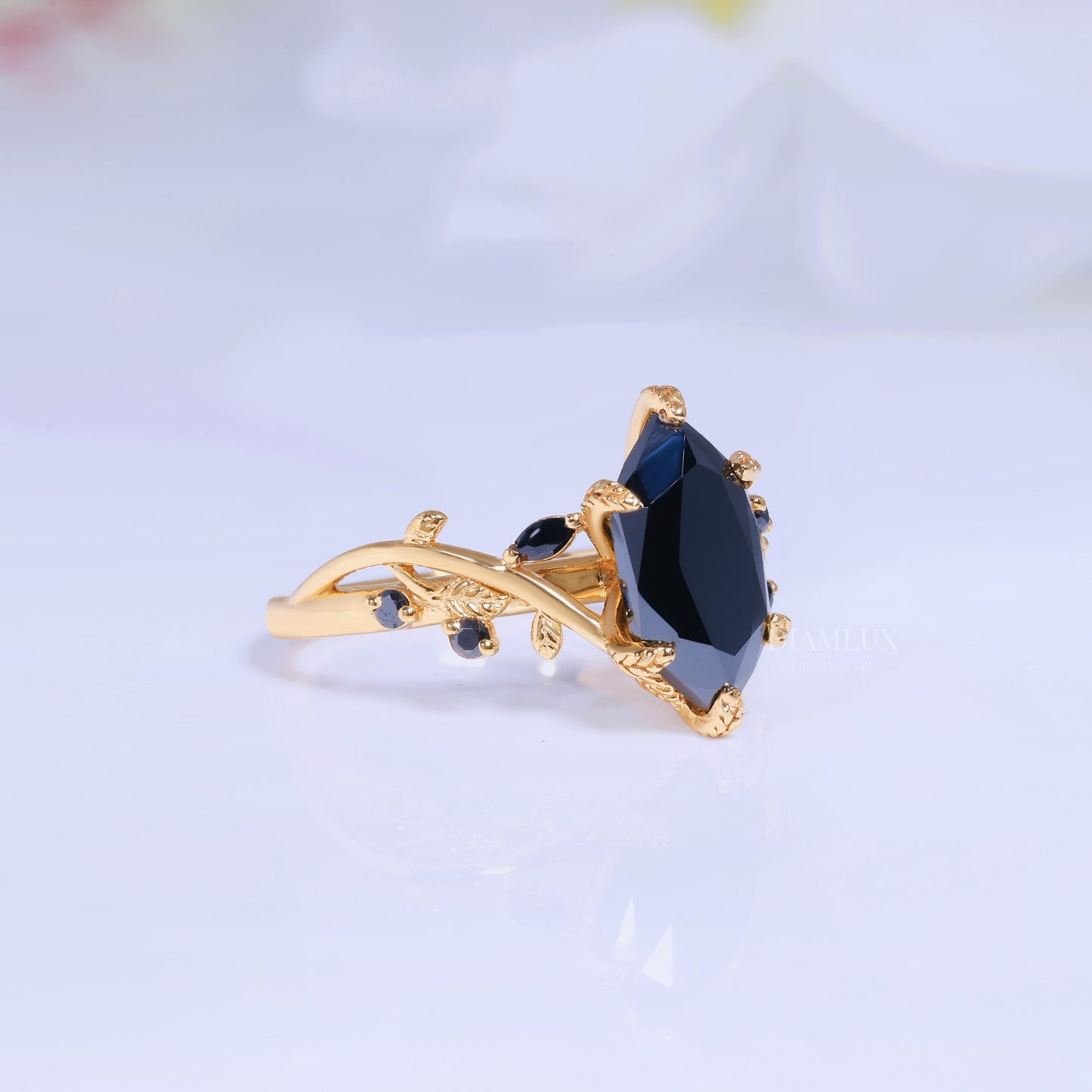 Midnight Blossom Marquise Black Gemstone Gold Ring Diamlux Fine Jewelry