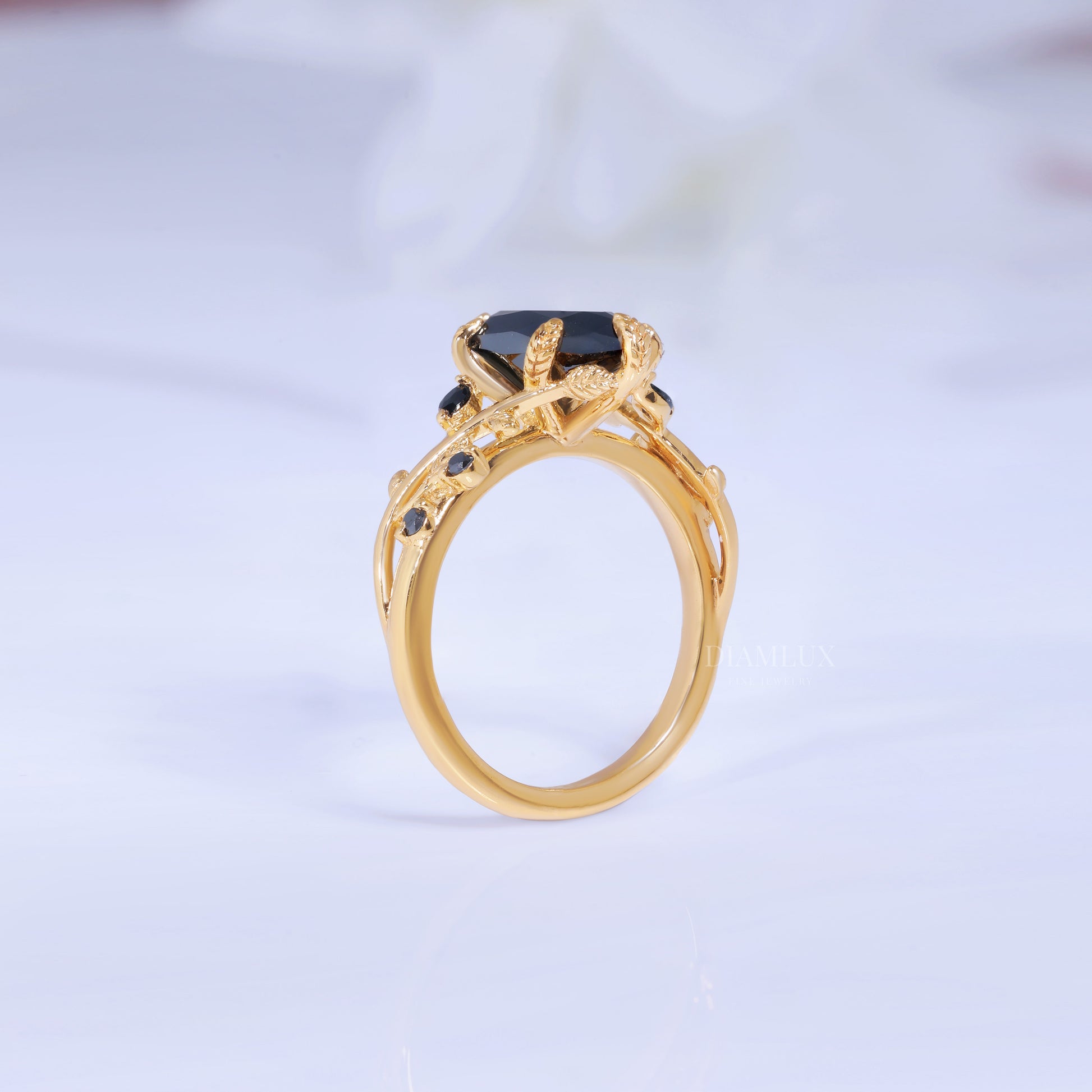 Midnight Blossom Marquise Black Gemstone Gold Ring Diamlux Fine Jewelry