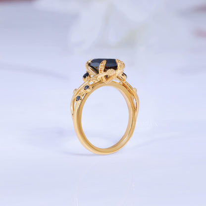 Midnight Blossom Marquise Black Gemstone Gold Ring Diamlux Fine Jewelry