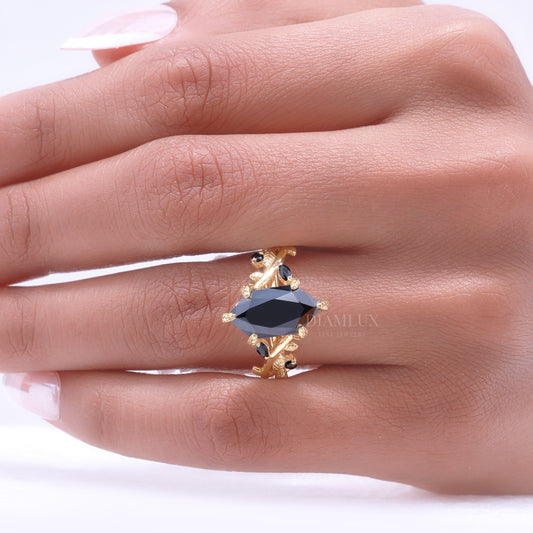 Midnight Blossom Marquise Black Gemstone Gold Ring Diamlux Fine Jewelry