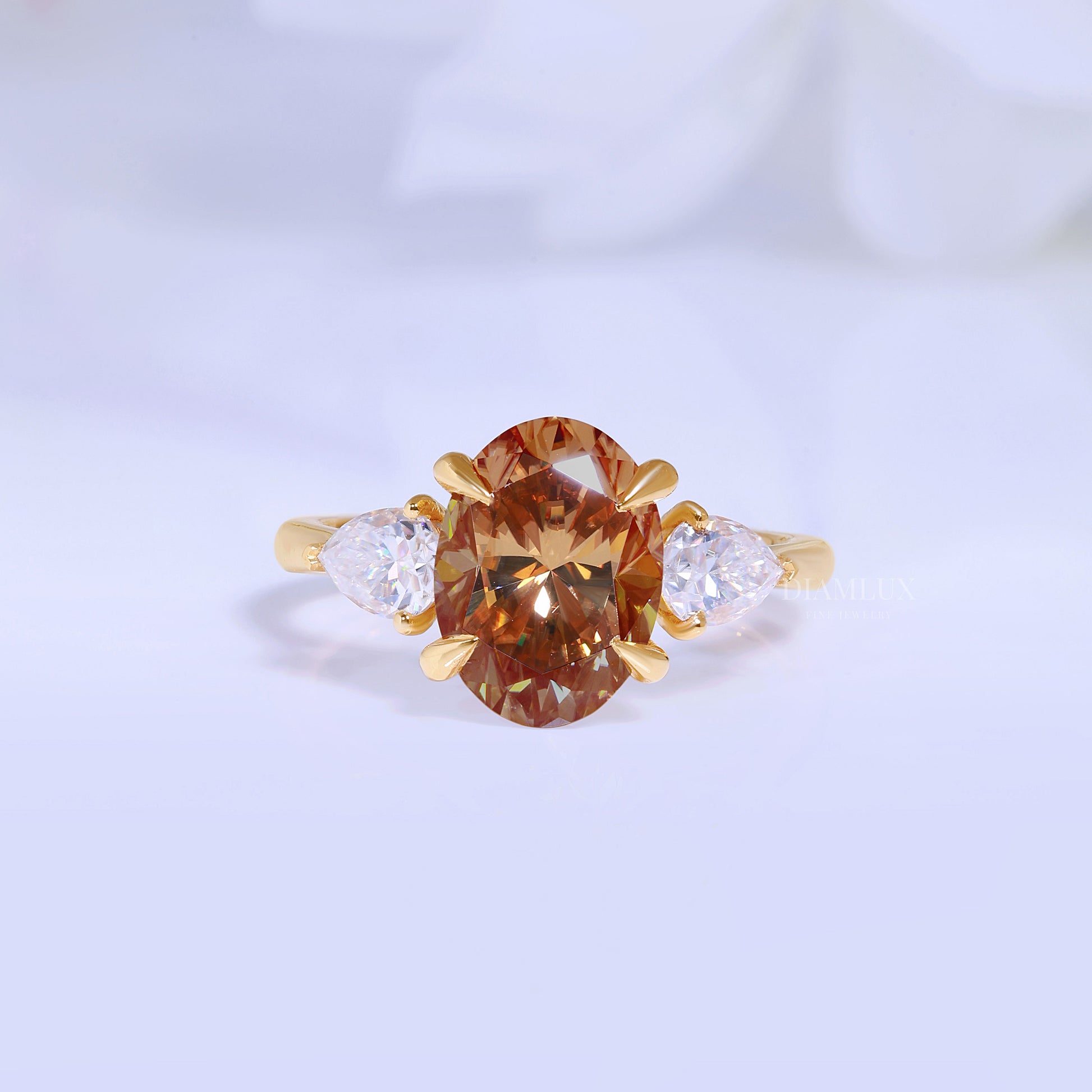 Yellow Gold Oval Brown Gemstone Three-Stone Ring Diamlux Fine Jewelry