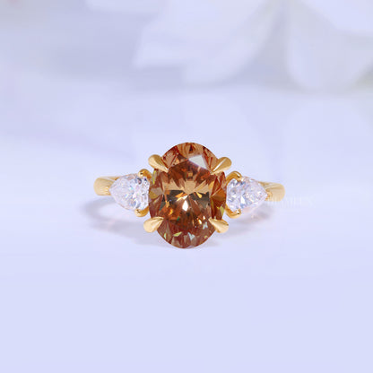 Yellow Gold Oval Brown Gemstone Three-Stone Ring Diamlux Fine Jewelry