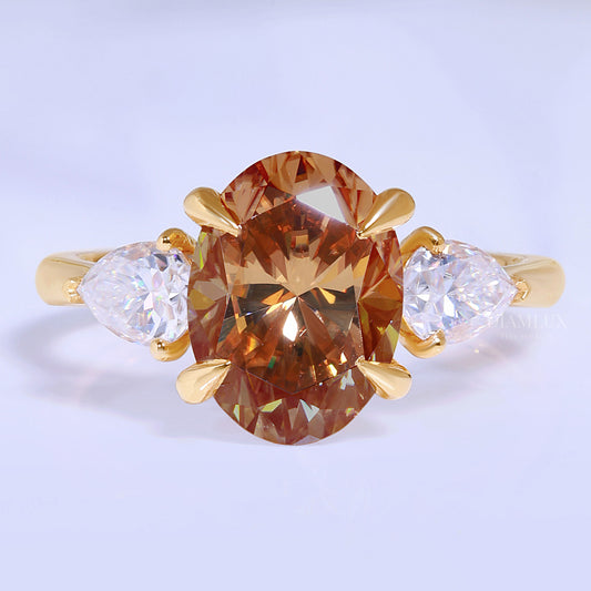 Yellow Gold Oval Brown Gemstone Three-Stone Ring Diamlux Fine Jewelry