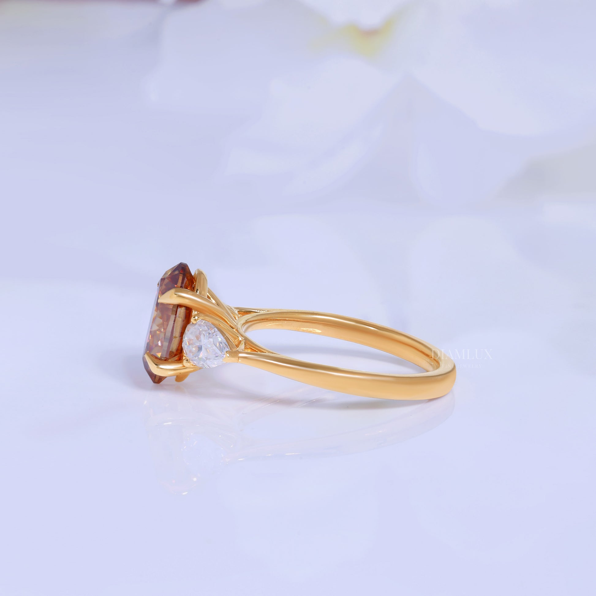 Yellow Gold Oval Brown Gemstone Three-Stone Ring Diamlux Fine Jewelry