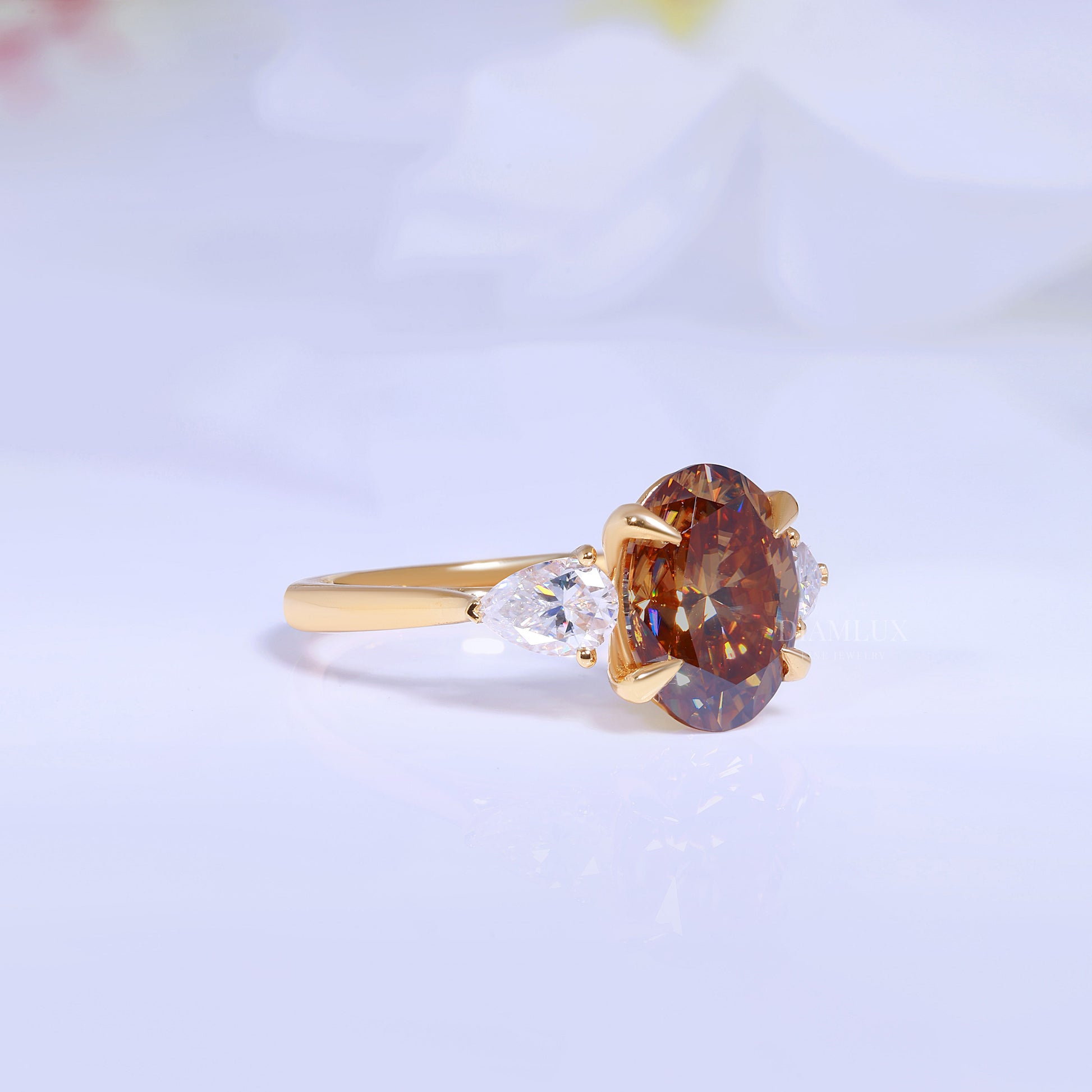 Yellow Gold Oval Brown Gemstone Three-Stone Ring Diamlux Fine Jewelry