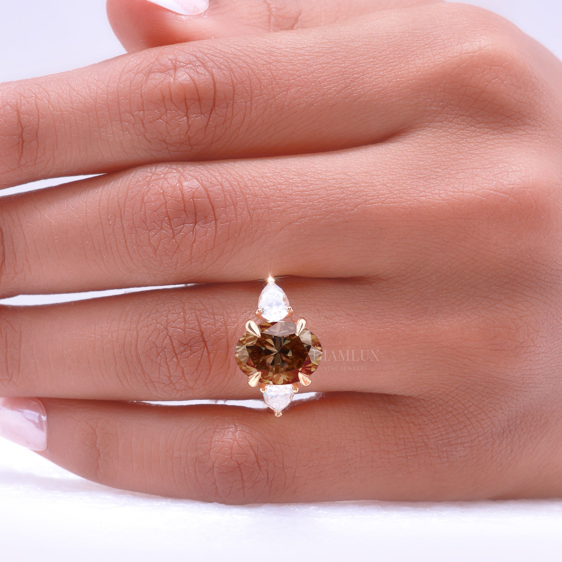 Yellow Gold Oval Brown Gemstone Three-Stone Ring Diamlux Fine Jewelry