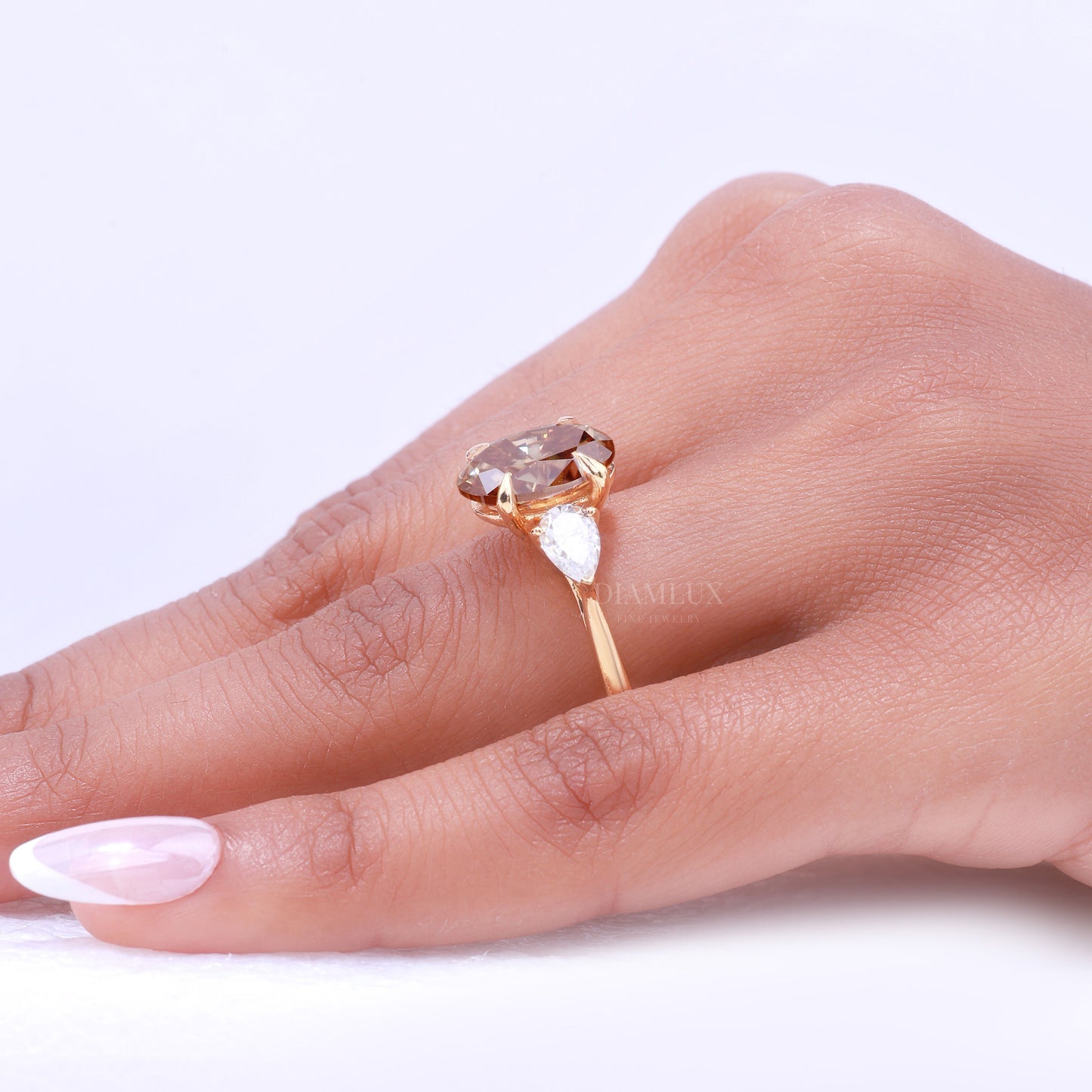 Yellow Gold Oval Brown Gemstone Three-Stone Ring Diamlux Fine Jewelry