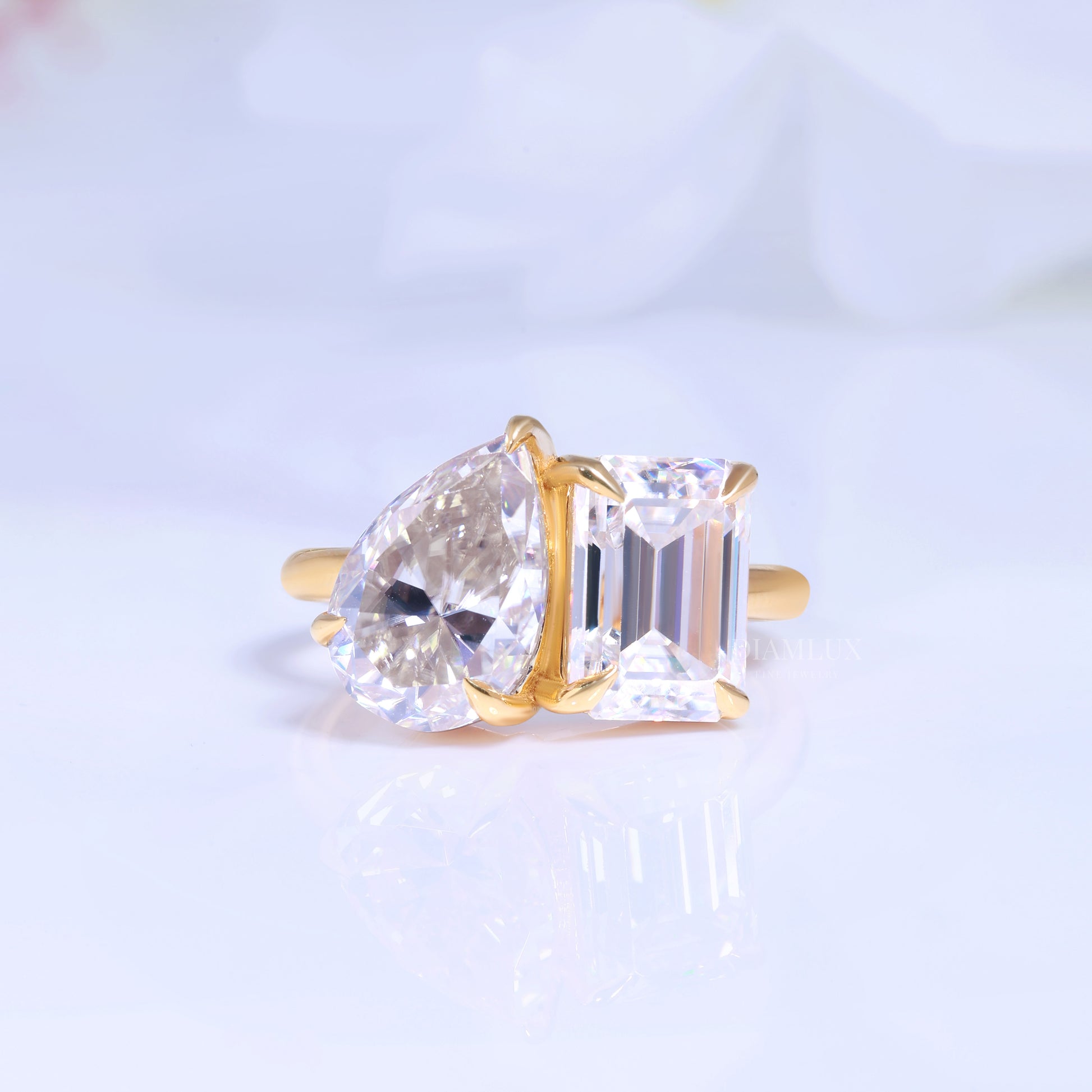 Yellow Gold Toi et Moi Ring with Pear and Radiant Cut Clear Gemstones Diamlux Fine Jewelry
