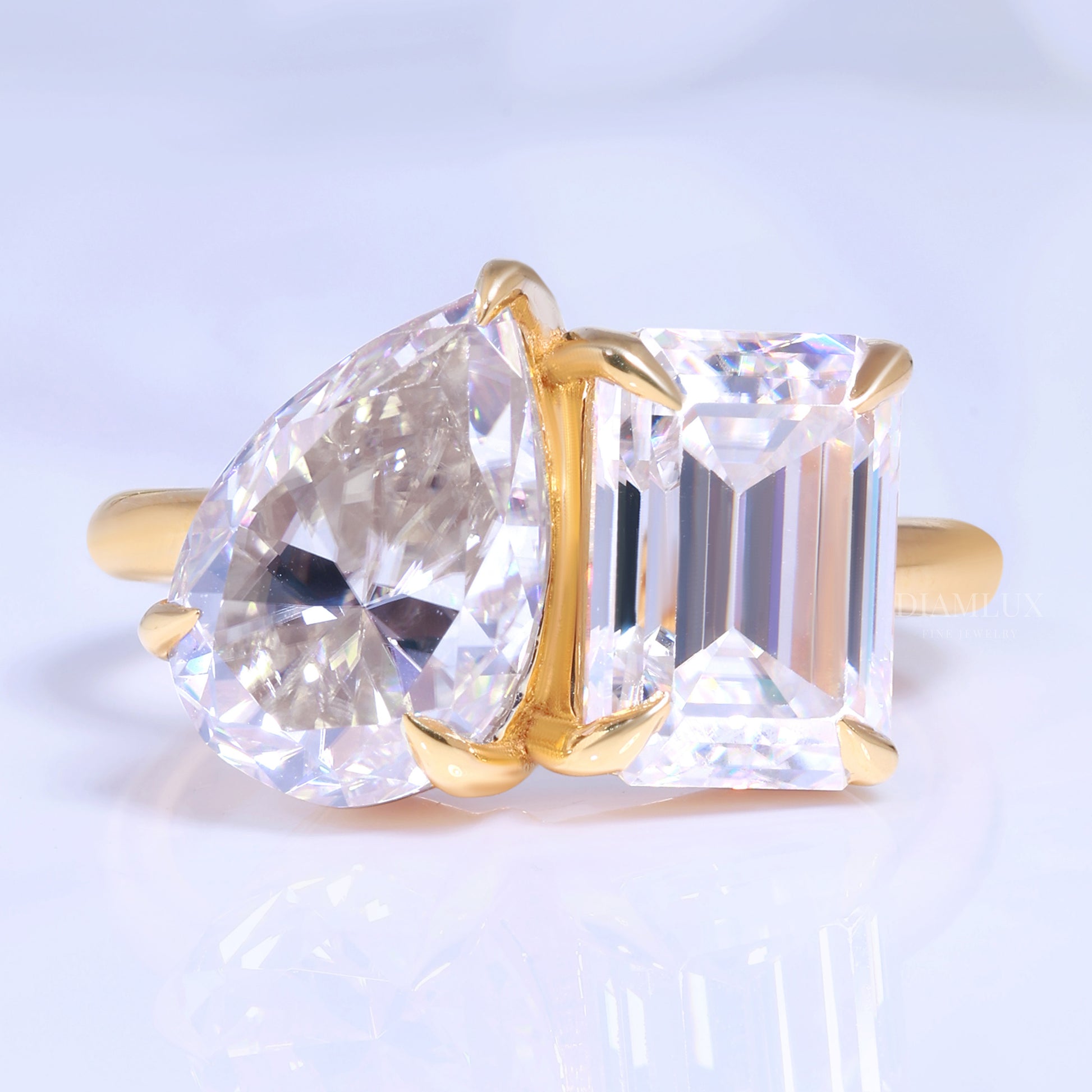 Yellow Gold Toi et Moi Ring with Pear and Radiant Cut Clear Gemstones Diamlux Fine Jewelry