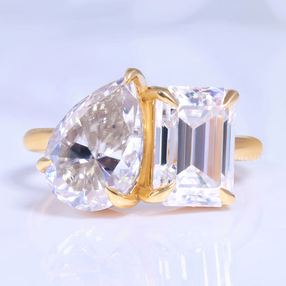 Yellow Gold Toi et Moi Ring with Pear and Radiant Cut Clear Gemstones Diamlux Fine Jewelry