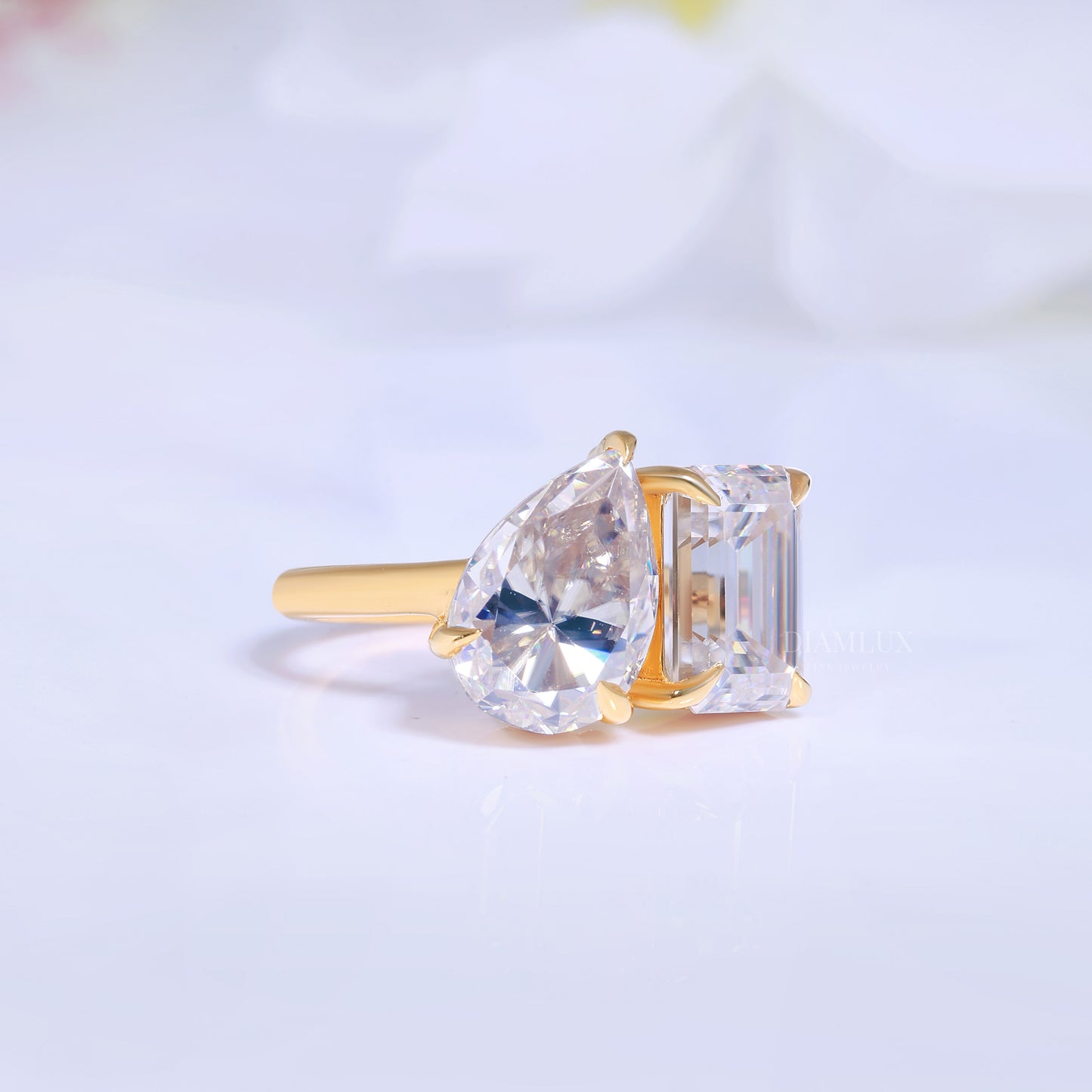 Yellow Gold Toi et Moi Ring with Pear and Radiant Cut Clear Gemstones Diamlux Fine Jewelry