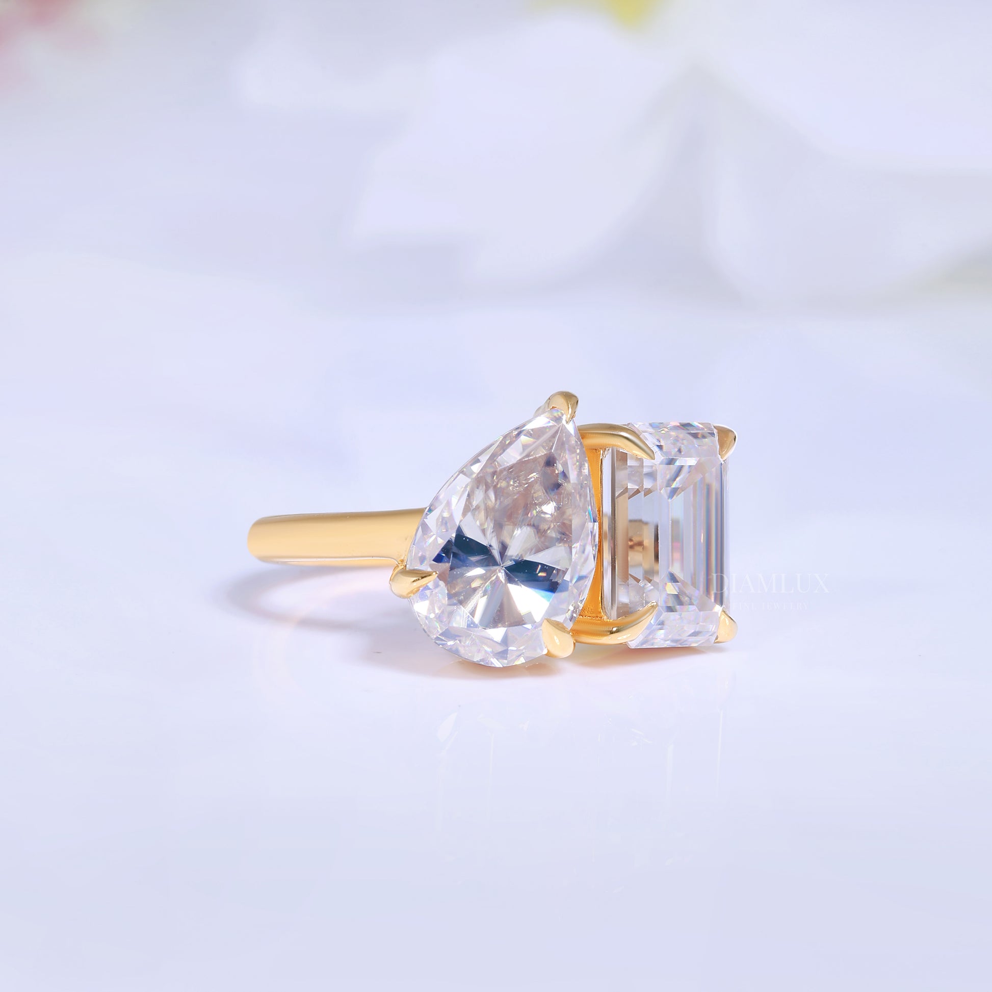Yellow Gold Toi et Moi Ring with Pear and Radiant Cut Clear Gemstones Diamlux Fine Jewelry