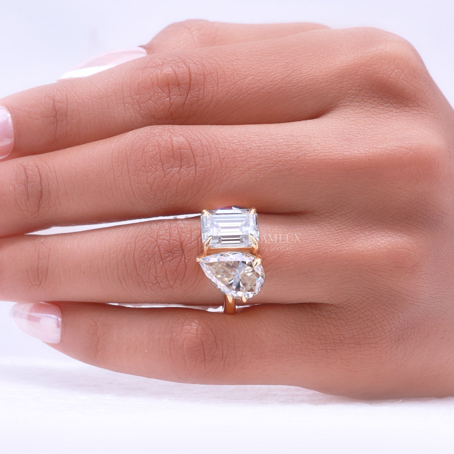 Yellow Gold Toi et Moi Ring with Pear and Radiant Cut Clear Gemstones Diamlux Fine Jewelry