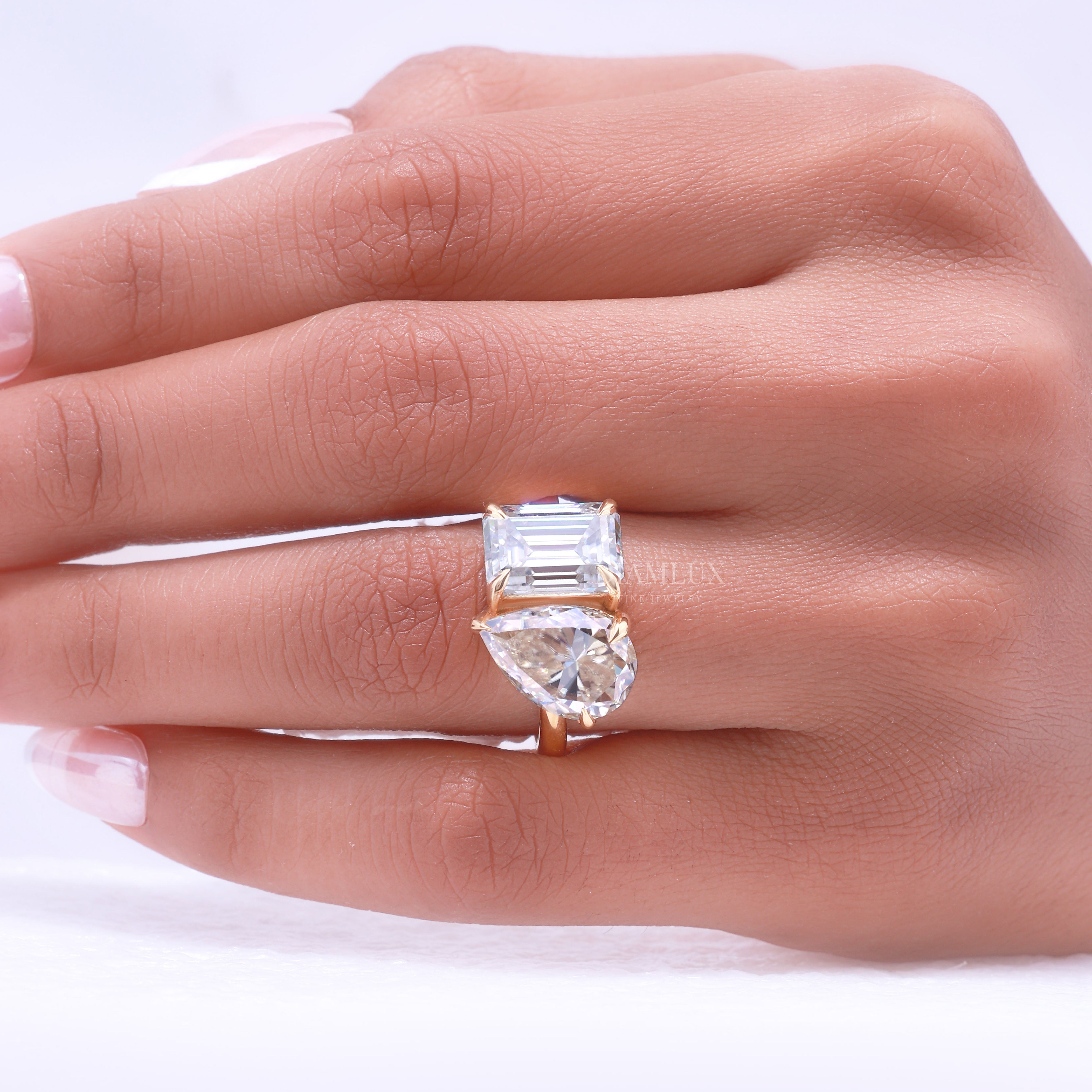 Yellow Gold Toi et Moi Ring with Pear and Radiant Cut Clear Gemstones Diamlux Fine Jewelry