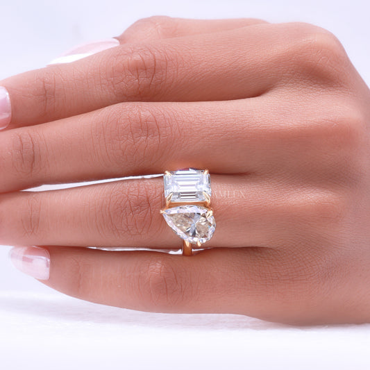 Yellow Gold Toi et Moi Ring with Pear and Radiant Cut Clear Gemstones Diamlux Fine Jewelry
