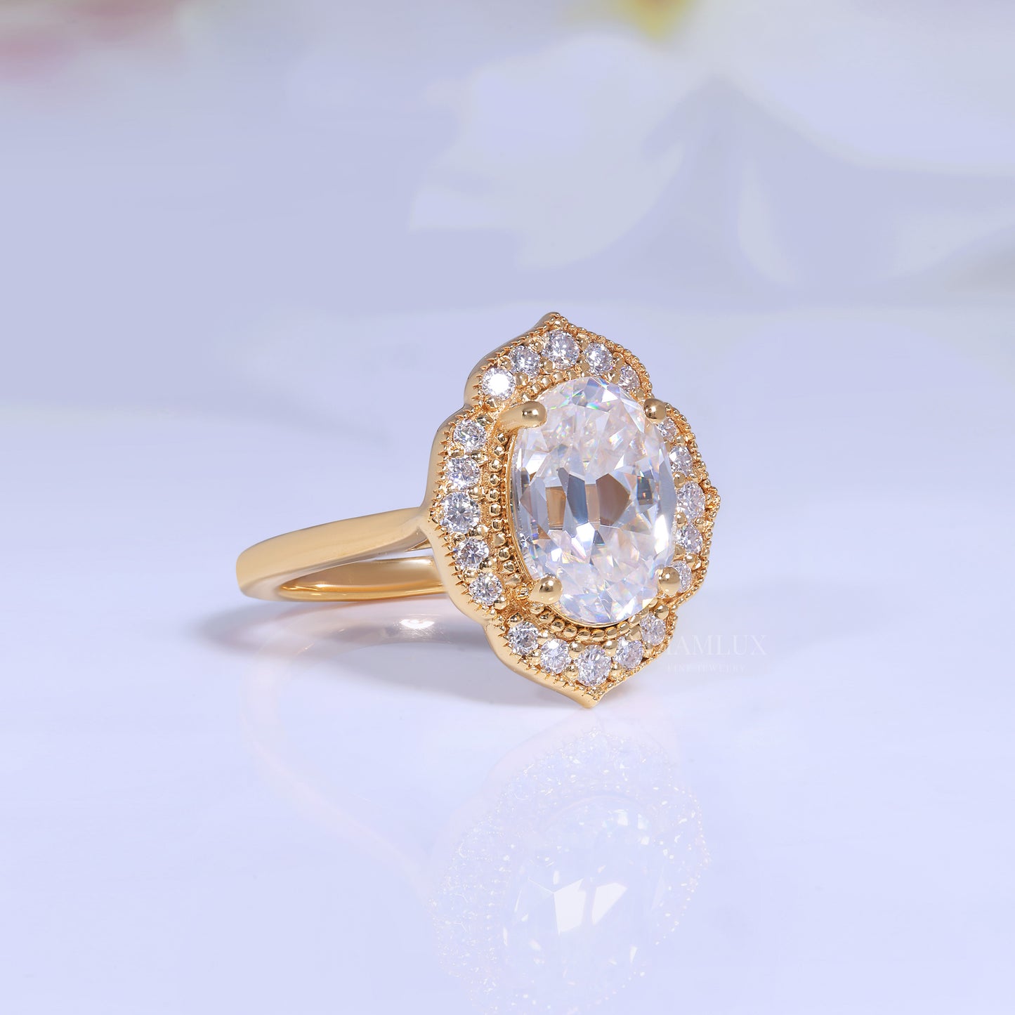 Yellow Gold Vintage-Inspired Oval Diamond Halo Ring Diamlux Fine Jewelry